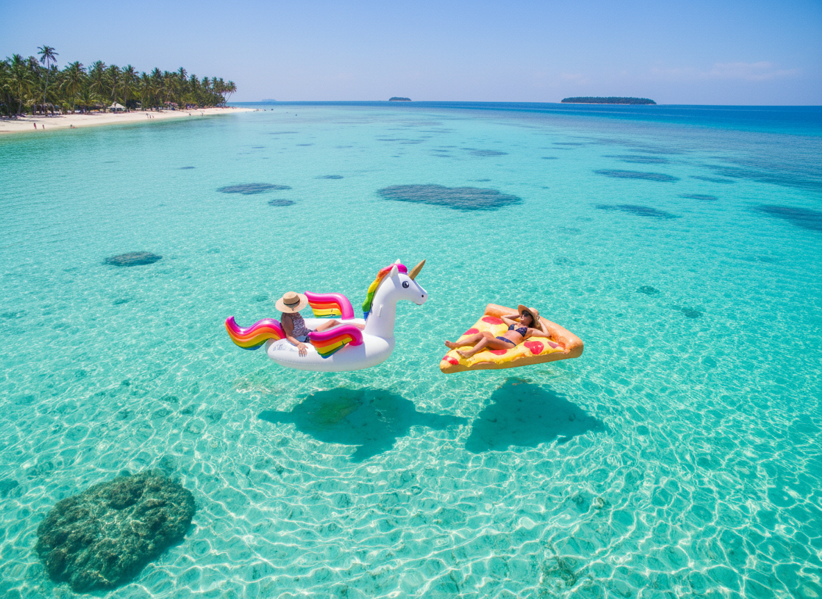 Two people floating on colorful inflatable pool floats in crystal clear turquoise tropical ocean water