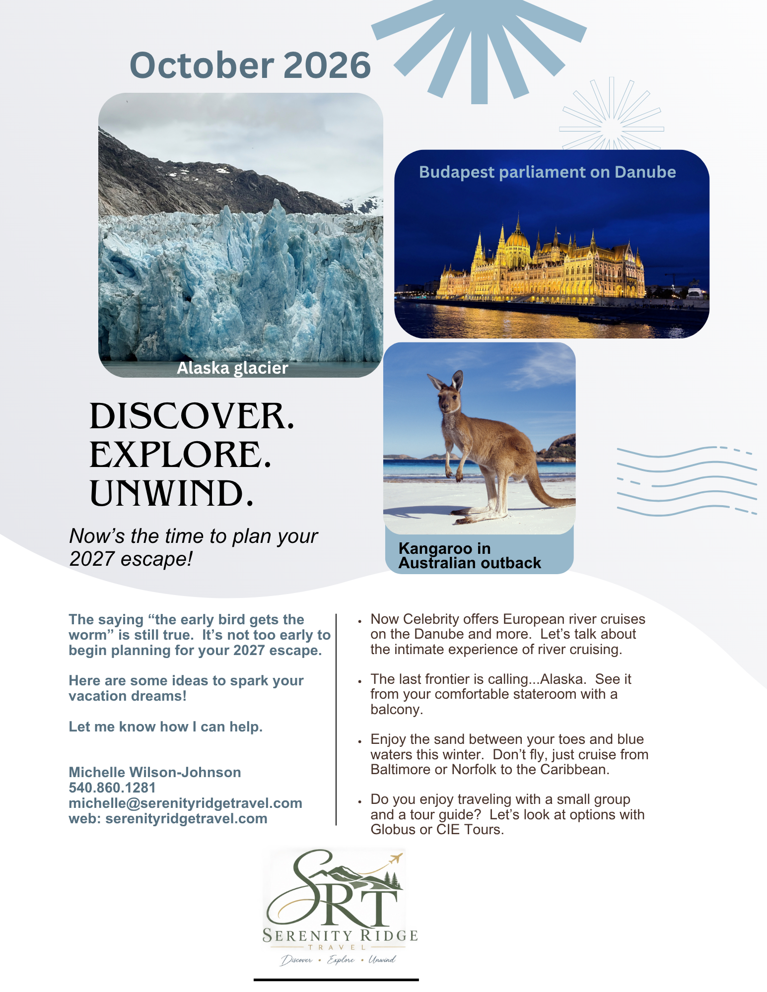 October 2026 Travel Destination Newsletter featuring Alaska glacier, Budapest parliament on Danube, and kangaroo in Australian outback